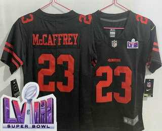 Womens San Francisco 49ers #23 Christian McCaffrey Limited Black LVIII Super Bowl Vapor Jersey->women nfl jersey->Women Jersey